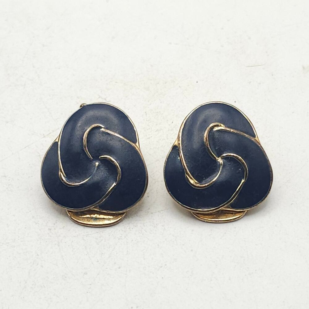Vintage Navy Blue Enamel Celtic Knot Clip On Earrings Gold Tone Abstract Pair